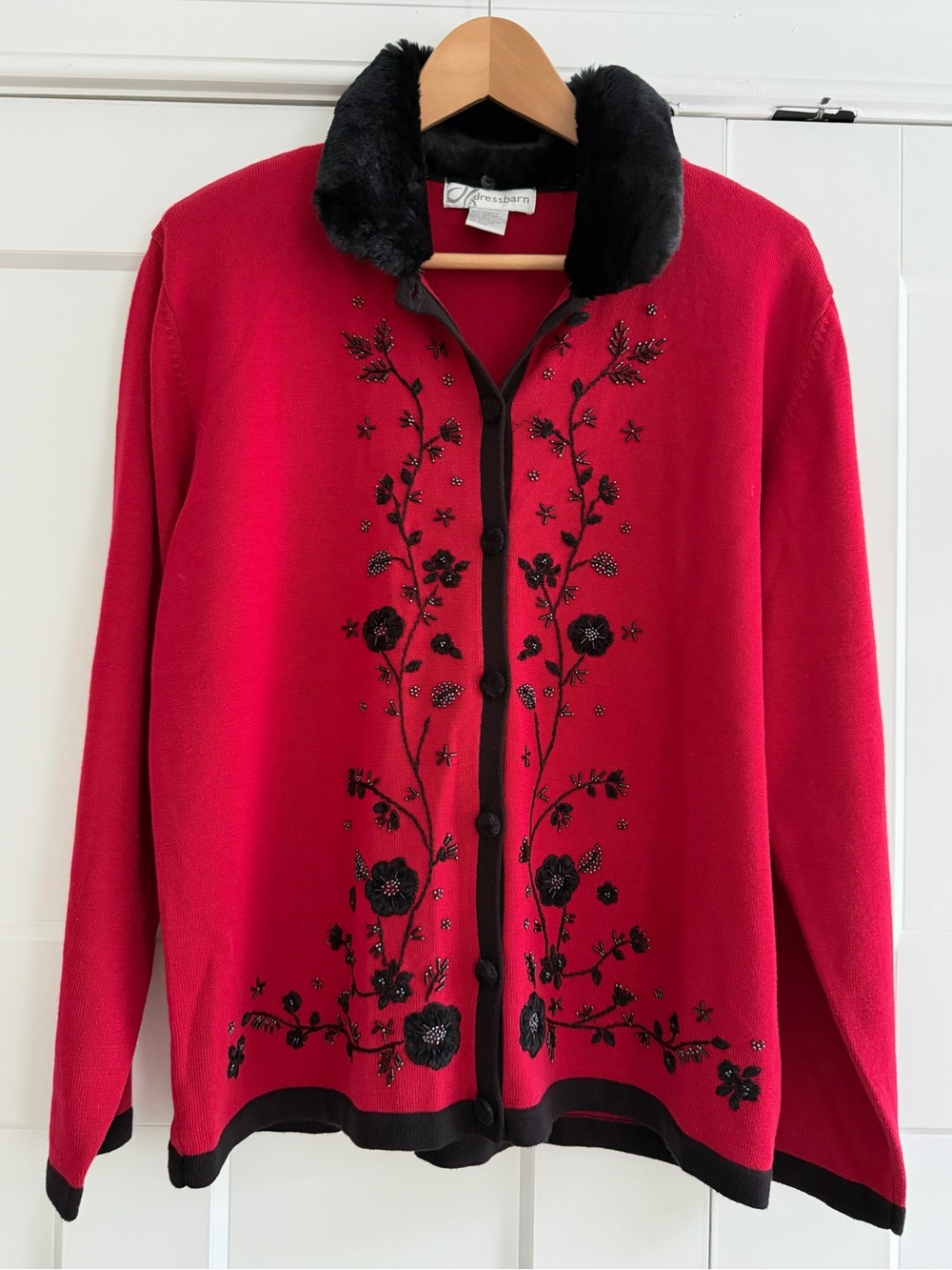 VTG Dressbarn Red Knit Cardigan Detachable Faux Fur Collar Floral Embroidered M